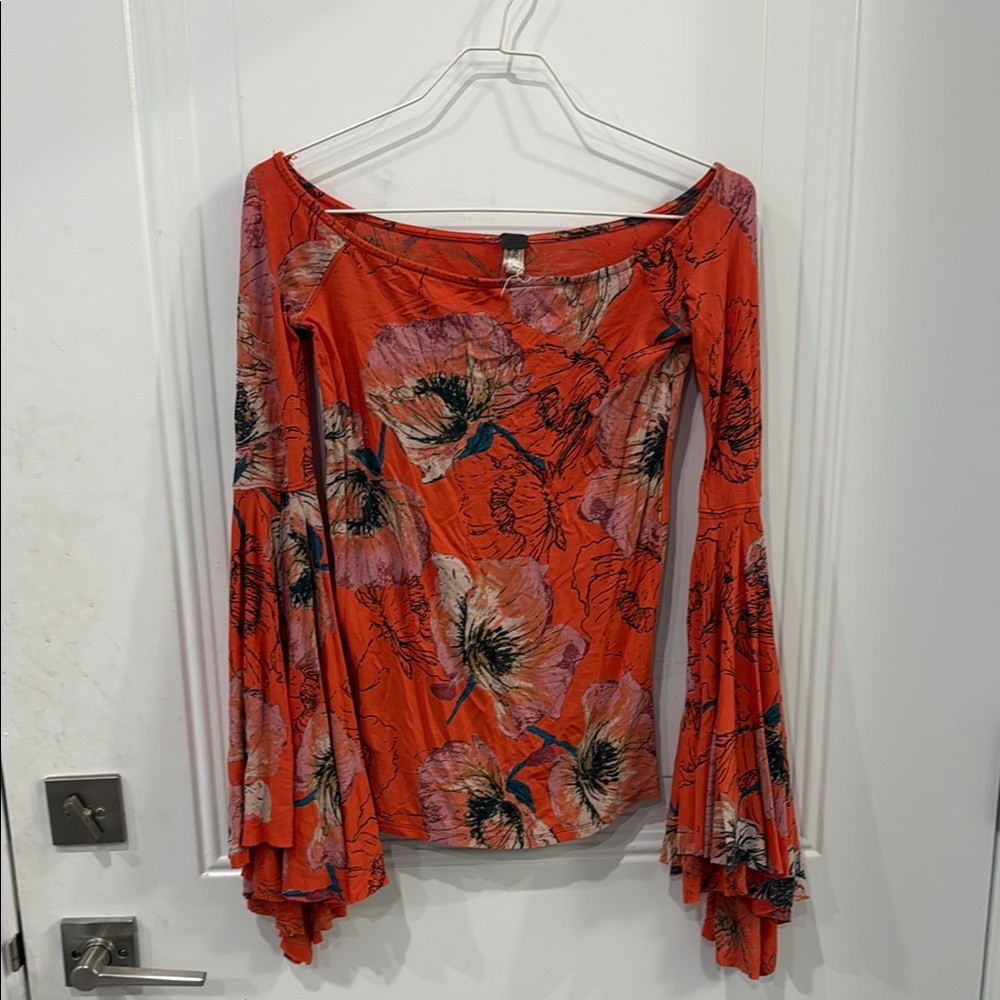 Orange Off-Shoulder Bell Sleeve Blouse